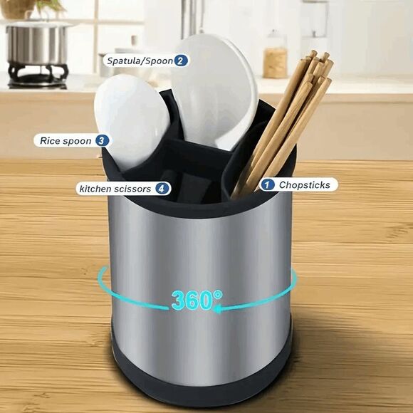 Stainless Steel Kitchen Utensil Holder 360 Rotating - Picture 2 of 8
